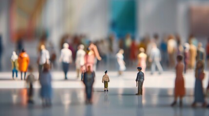 Miniature figurines of different cultural backgrounds gathered against a softly blurred community festival, Celebrating diversity in local traditions, photography style
