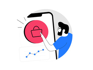 E-commerce Mobile App, Online Shopping, Digital Marketing. Man using smartphone to shop online. Isolated vector illustration for e-commerce blogs, social media and online shopping marketing materials