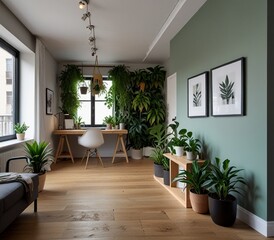 Modern workplace in room decorated with green potted plants Home design : Generative AI

