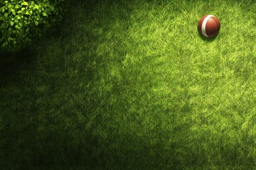 An overhead view of an American football on green grass with a spotlight shining on the ball.