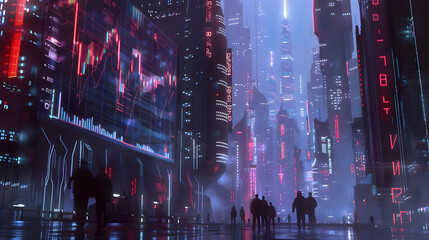 Futuristic Cityscape Illustration with Neon Lights and Silhouettes