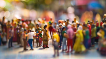 Miniature figurines of different cultural backgrounds gathered against a softly blurred international market, Celebrating diversity in global trade, photography style