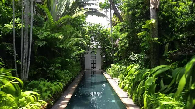 Green plants and flowers in summer garden private swimming pool on bail resort to nature Slow Motion Animation, 4k Video