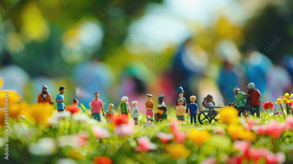 Aufkleber miniature figurines of different ethnicities and abilities gathered against a softly blurred communi