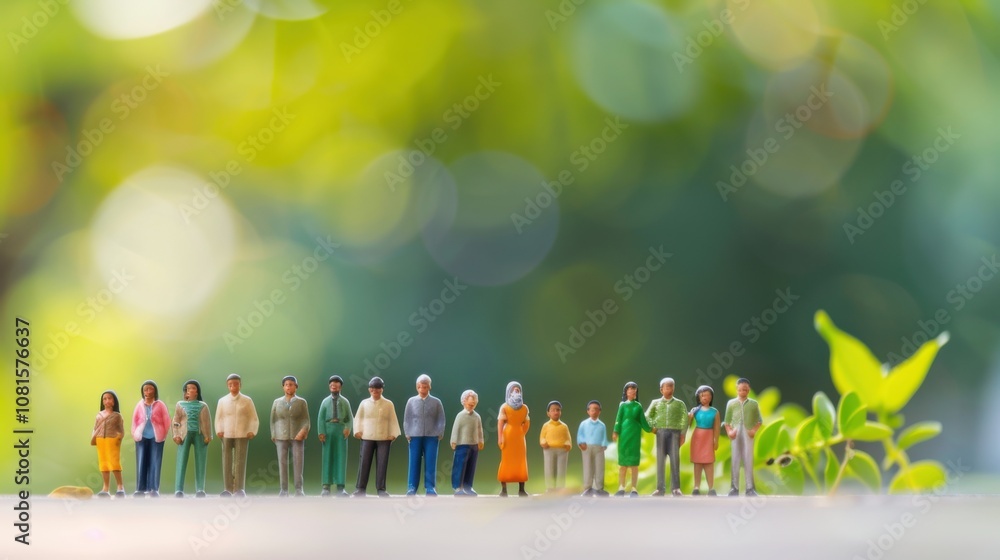 Poster miniature figurines of different ethnicities and genders, standing together against a softly blurred