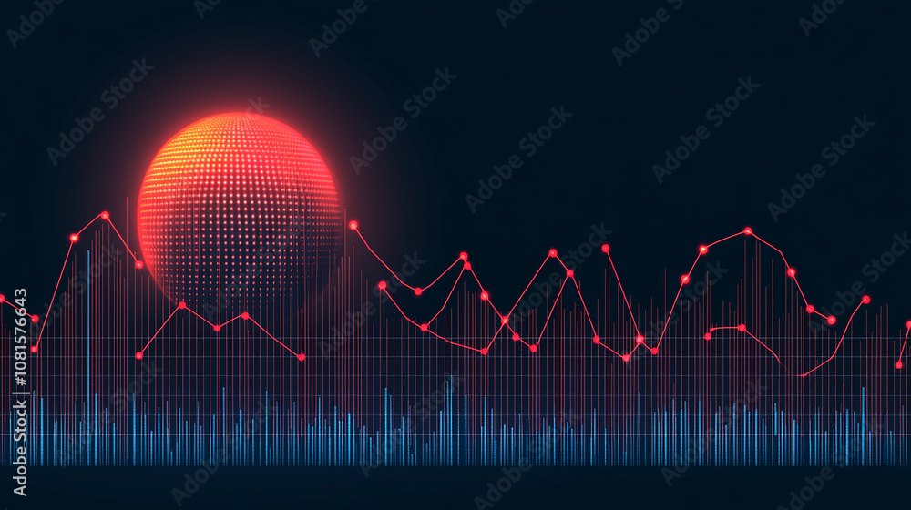 Poster abstract red glowing sphere with a line chart going up and down against a dark background.