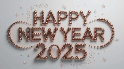 A vector illustration of a creative happy new year 2025 festival banner. The banner has a bright pink background with white text that says "Happy New Year 2025". There are various objects floating in 