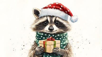 Watercolor painting of a grinning raccoon wearing a red Santa hat and a green polka dot scarf, holding a tiny gift box, white background, soft brush strokes, intricate fur details,