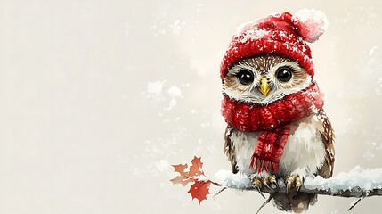 Fototapeta premium Watercolor painting of a happy owl in a red Christmas hat and knitted scarf, perched on a snow-covered branch, minimal white canvas, intricate feather details, soft brush strokes,