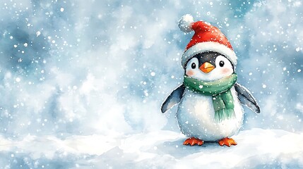 Watercolor painting of a happy penguin in a red Christmas hat and green scarf, standing on a snowy white landscape, intricate feather details, soft brush strokes, cozy and festive vibe, hd quality,