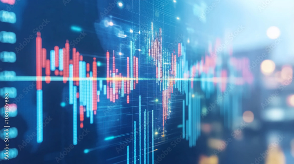 Poster abstract stock market chart with data and numbers displayed on a screen.