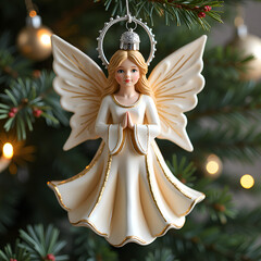 Delicate winged angel ornament glimmering amidst festive holiday cheer, photography of still life concept.