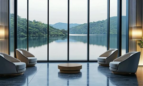 Modern hotel lobby with minimalist design, clean lines, and a view of a tranquil lake
