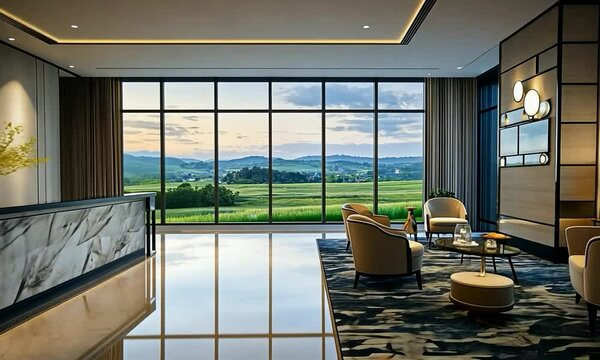 Modern hotel lobby with minimalist design, clean lines, and a view of a tranquil lake