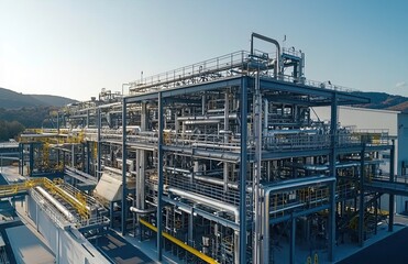 Fototapeta premium A modern industrial plant with steel pipes and equipment. View of the production line from the outside. An energy production or petrochemical industry concept