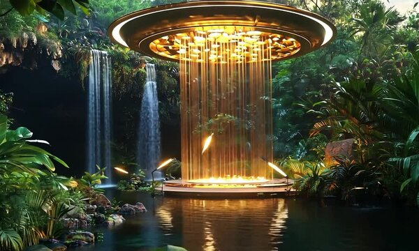 Futuristic chandelier in a sleek glass-walled living room overlooking a rugged coastal cliff with crashing waves below