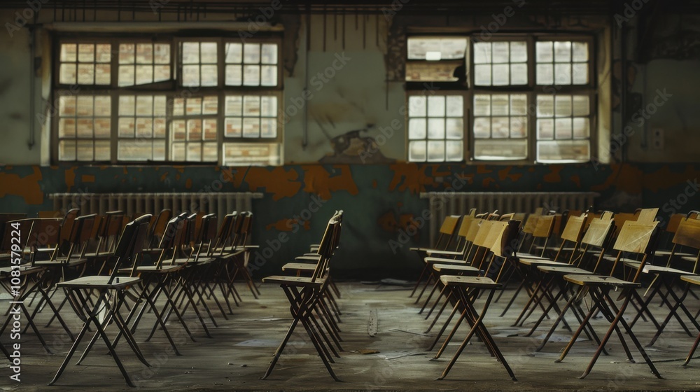 Aufkleber rows of empty school desks in a neglected classroom, symbolizing the educational challenges in under