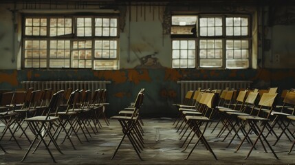 Naklejka premium Rows of empty school desks in a neglected classroom, Symbolizing the educational challenges in underserved communities, photography style