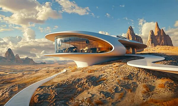 Futuristic aerodynamic home on a high mesa, with an advanced cooling system and panoramic windows, presenting a dramatic view of a desert landscape with sand dunes and distant rock formations