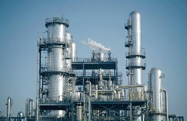 Fototapeta premium Modern industrial plant with steel pipes and machinery against a blue sky background. Energy production or biological process concept
