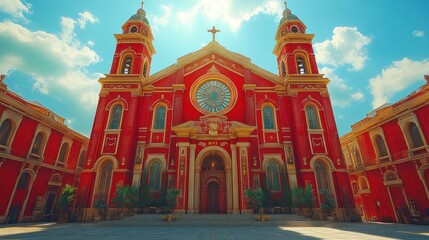 Obraz premium A vibrant red church with a grand facade and decorative elements.