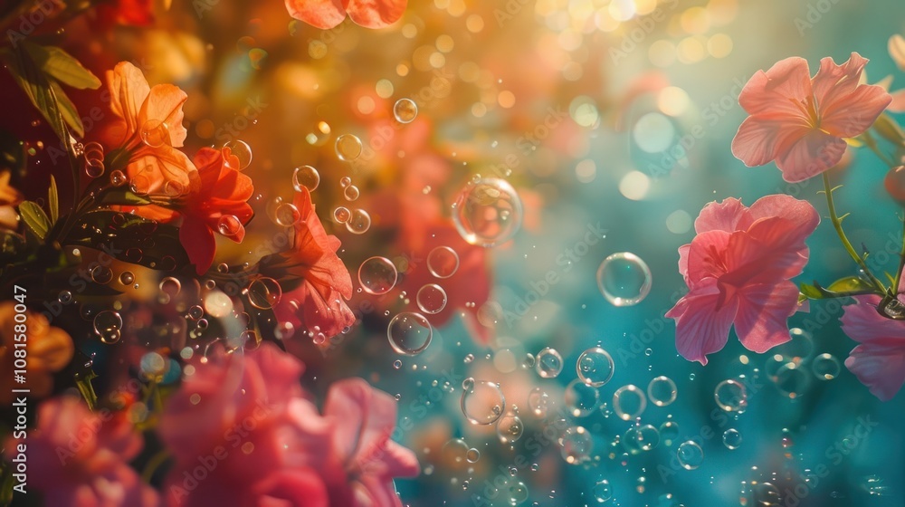 Poster a whimsical and colorful image with bubbles floating through a field of pink and orange flowers agai