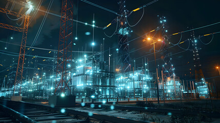 Night View of an Electrical Power Substation with Glowing Wires - 3D Illustration