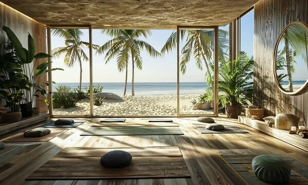 Hollywood Glam yoga room with elegant finishes, plush textures, and a view of a picturesque lake