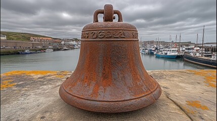 Fototapeta premium Rusty bell overlooking a harbor with boats.
