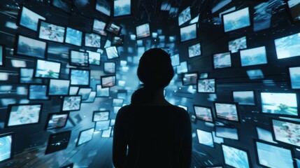 Technological dependency symbolized by a person surrounded by screens displaying disconnected social interactions, Reflecting the digital divide in society, photography style