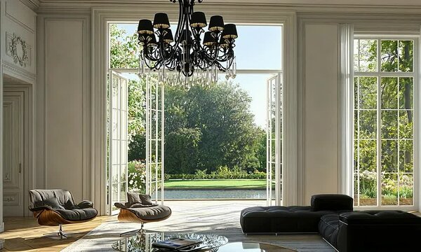 Modern chandelier in a floating home on a rocky outcrop, featuring aerodynamic design and a breathtaking view of a serene valley and distant mountains