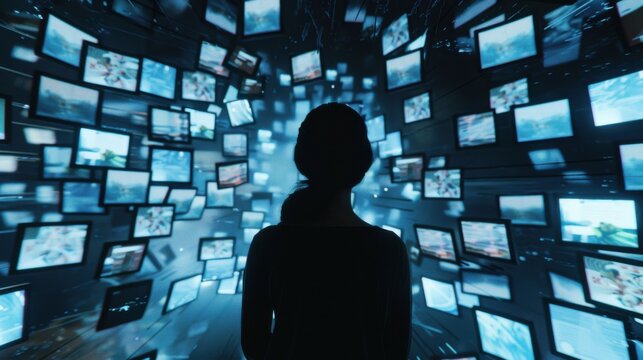 Technological dependency symbolized by a person surrounded by screens displaying disconnected social interactions, Reflecting the digital divide in society, photography style