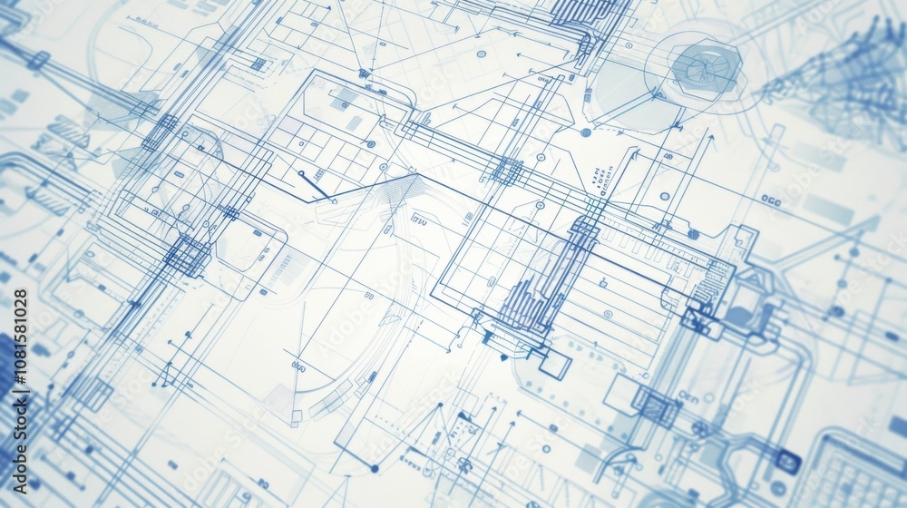 Poster The blueprint of equity, featuring overlapping transparent blueprints with diverse symbols and graphs on a white background, photography style
