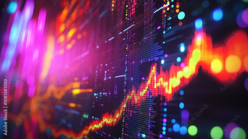 Poster abstract background of a colorful stock market chart with data and glowing lights.