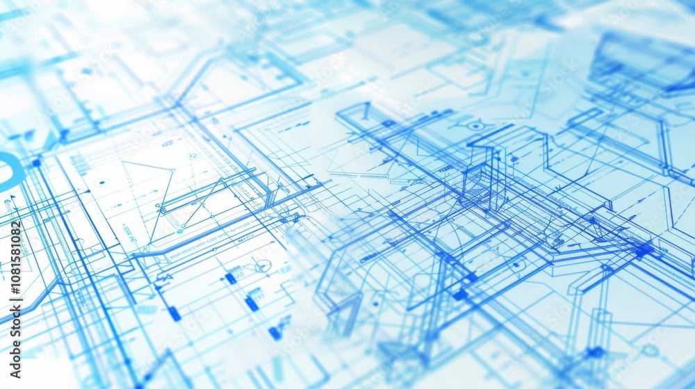 Poster The blueprint of equity, featuring overlapping transparent blueprints with diverse symbols and graphs on a white background, photography style