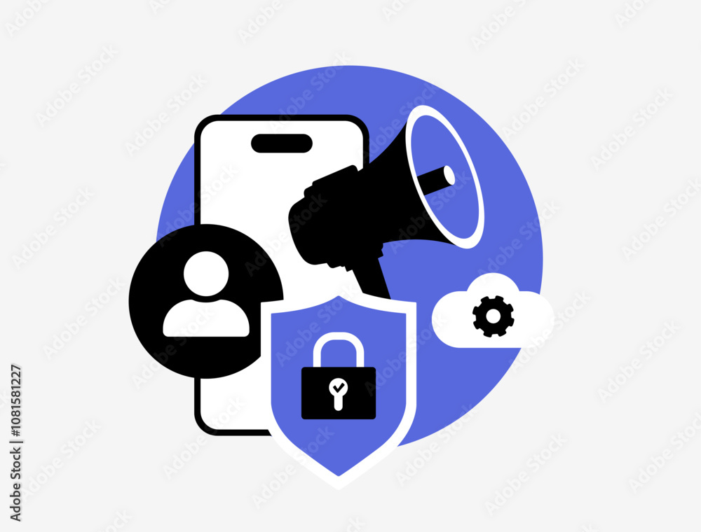 Aufkleber privacy-first marketing illustration with lock icon, targeted ads and mobile phone, symbolizing cons