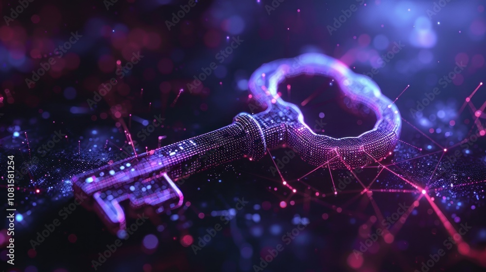 Aufkleber a glowing, futuristic key with a network of lines and dots behind it.