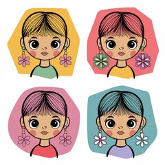 Cute cartoon girl portraits with colorful hairstyles

