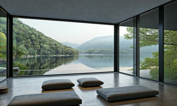 Modern meditation room with minimalist design, clean lines, and a view of a tranquil lake