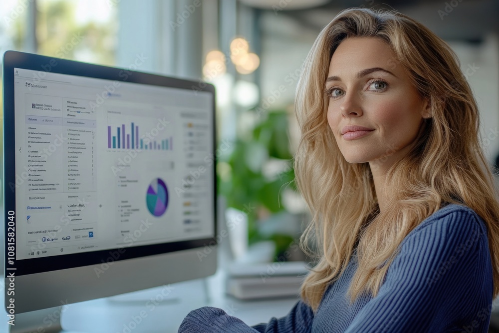 Poster a young businesswoman sits at her desk in front of a computer monitor with a data analysis program o