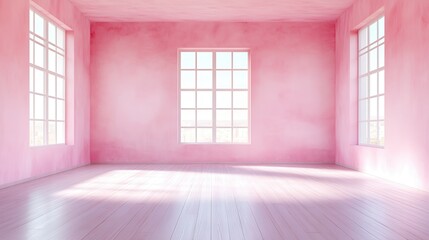 A room with a pink wall and white windows