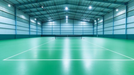 A badminton court with synthetic flooring, indoor setting with overhead lighting, Sleek style