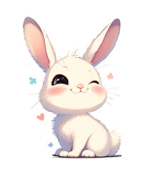 Obraz premium A cute, smiling cartoon rabbit with big eyes and fluffy fur, radiating joy and charm.