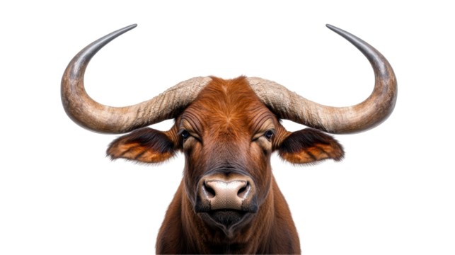Majestic bull with intense expression and horns. transparent background