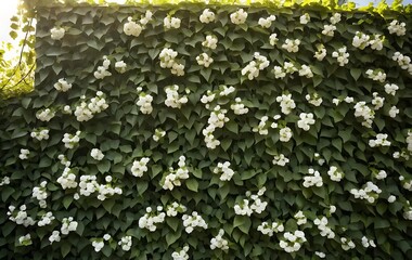 Wall Covered in Climbing Vines and Flowers with Dappled Sunlight