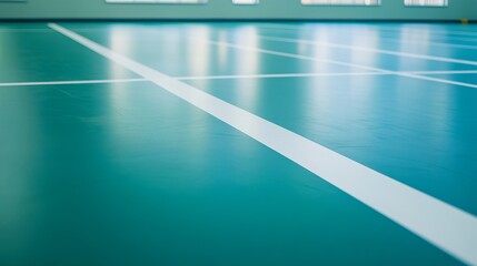 A badminton court's service line with the painted lines and floor texture, indoor setting with soft lighting, Sharp style