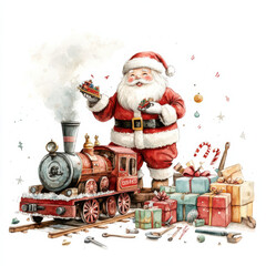 cheerful Santa Claus with toy train surrounded by gifts and decorations, spreading holiday joy