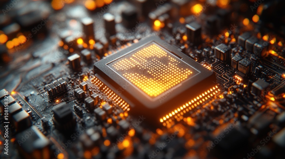 Aufkleber close-up of a glowing microchip on a circuit board.