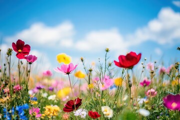 Colorful wildflowers bloom in a field against a blue sky with white clouds.