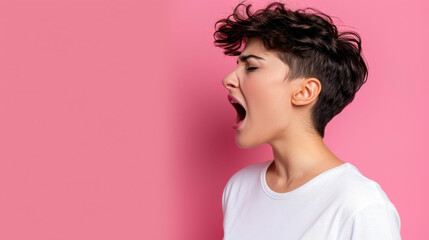 An emotional young woman displays rage and frustration, screaming against a vibrant pink background, showcasing raw feelings.